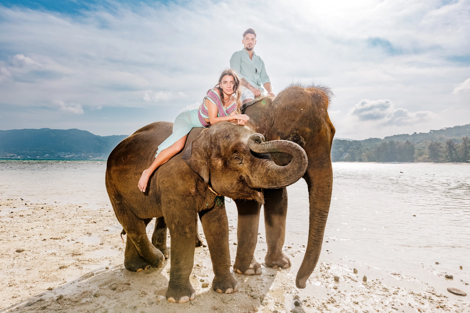 couple photoshoot with elephants at lucky beach phuket